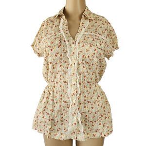 Y2K Vintage Twenty One Forever 21 Bird Tag Floral Ruffle Blouse L NWT Cotton